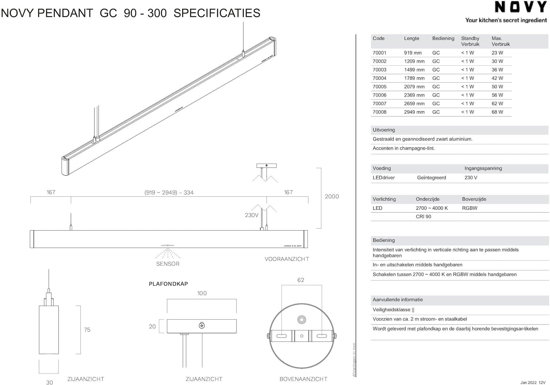 Novy Pendant 70001 design hanglamp met gesture bediening, lengte +/- 92cm - Afbeelding 3